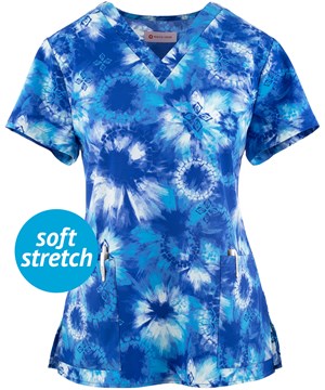 White Cross Batik Tie Dye Women's 2-Pocket STRETCH V-Neck Print Scrub Top