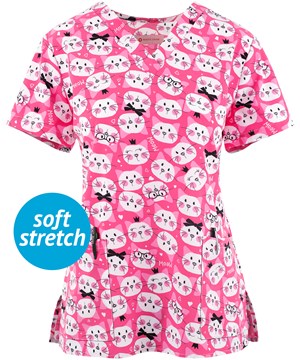 White Cross Cat Pack Women's 2-Pocket STRETCH V-Neck Print Scrub Top