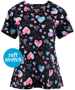 White Cross Heart Mix Women's 2-Pocket STRETCH V-Neck Print Scrub Top