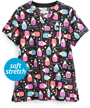 White Cross Sweet Chocolate Women's 3-Pocket V-Neck Print Scrub Top