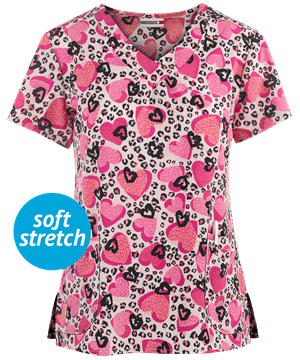 White Cross Leopard Hearts Women's 2-Pocket V-Neck Printed Scrub Top