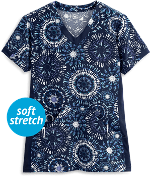 White Cross Geo Blue Women's 3-Pocket V-Neck Print Scrub Top