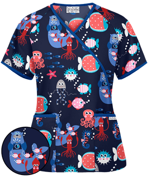 UA Sea Paparazzi Dove Mock Wrap Print Scrub Top