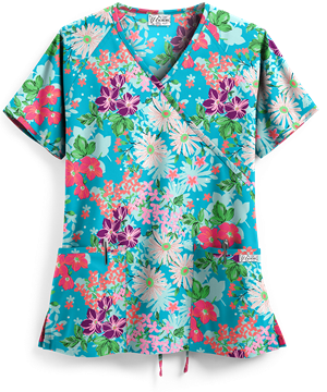 UA Best Buy Scrubs Garden Paradise Turquoise Women's 2-Pocket Mock Wrap Print Top