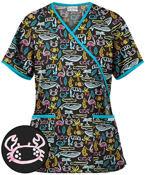 UA Best Buy Scrubs Tropical Oasis Black Printed Women's 2-Pocket Mock Wrap Top