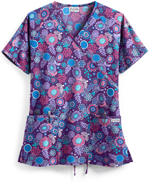 UA Best Buy Scrubs Whimsical Floral Eggplant Women's 2-Pocket Mock Wrap Print Top