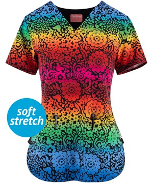 Zavate Ava Therese Floral Spectrum Women's 2-Pocket V-Neck Print Scrub Top