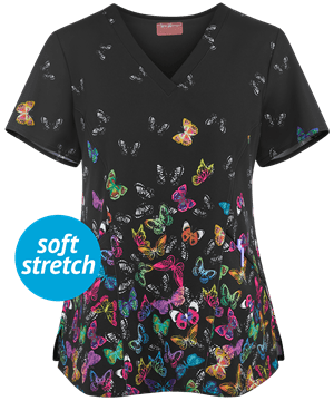 Zavate Ava Therese Vibrant Flutter Women's 2-Pocket V-Neck Print Scrub Top
