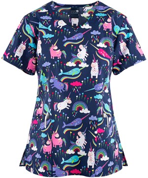 Zoe & Chloe Magical Wishes Women's 2-Pocket V-Neck Print Scrub Top