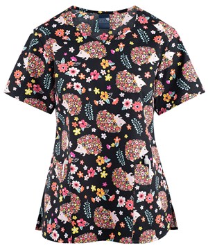 Zoe & Chloe Okie Pokey Hedgehog Women's 2-Pocket Diamond Neck Print Top